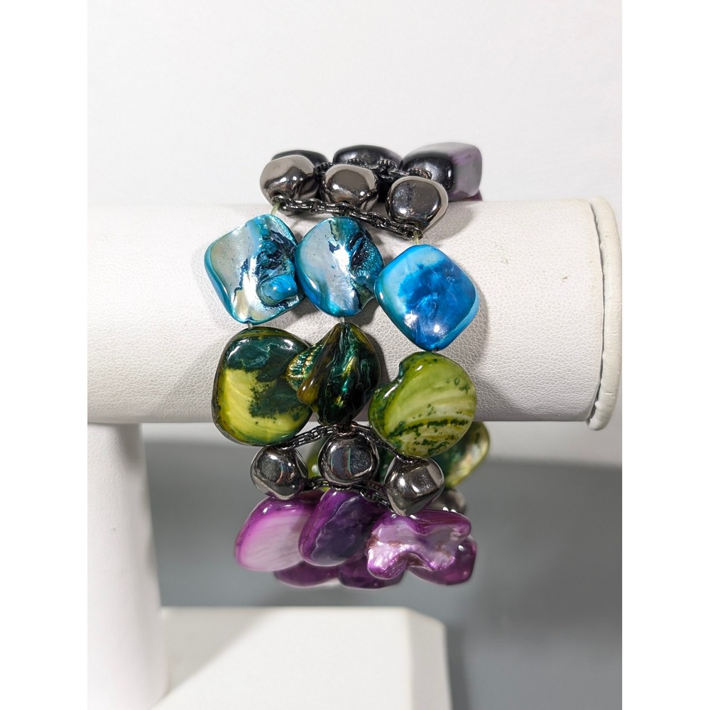 Blue Green Purple Shell Bead 3 Row Roll On Bracelet 7" Statement Boho
